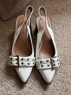Pointed Slingback Mules with Buckle and Stud Detail - White